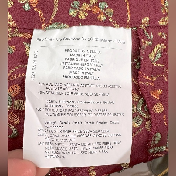 NWT ETRO Embroidered Floral Wide Leg Maroon Pants IT42 (US 6) & IT38 (US 2) - Picture 13 of 13